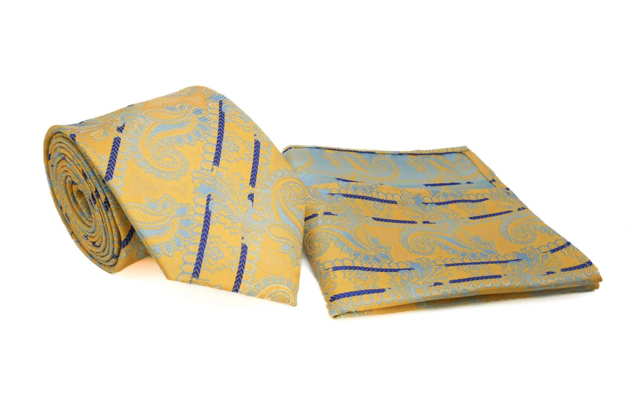 Cravate & Pochette Paisley Bleu-Jaune Rayé: L'élégance masculine revisitée, un chic irrésistible!